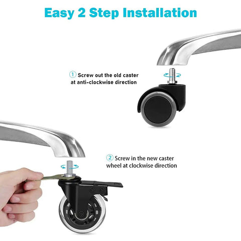 Easy installation guide showing two steps for Five Pack Three Inch Threaded Stem Casters With Dual Lock Brakes Plus Screw Inserts.