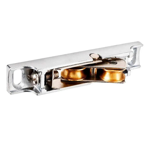 Heavy Duty Window Rollers Two Pack Slick Sliding Door Hardware U Groove Pulley System with brass wheels and zinc alloy casing.