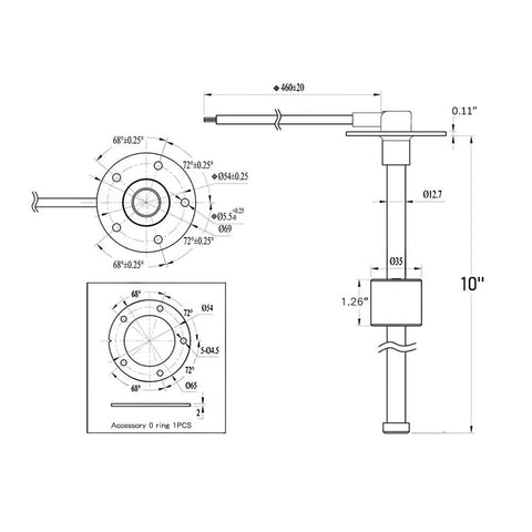 Heavy Duty 10 Inch Fuel Tank Sending Unit Made With Real 316 Stainless Float Reading 240 To 33 Ohm Span dimensions and design diagram.