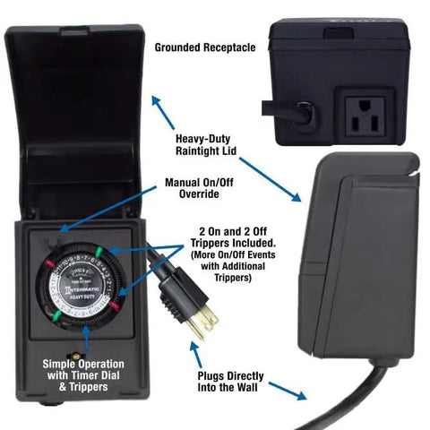 Heavy Duty Outdoor Plug-In Timer Built Tough For Pool Pumps And Yard Lights, shows dial and rainproof cover with trippers.