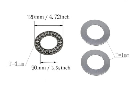 Shop Ready Heavy Duty Thrust Needle Roller Bearing Kit With Two Reinforced Chrome Steel Washers 90Mm ID 120Mm OD 4Mm Wide image detailing sizes and materials.