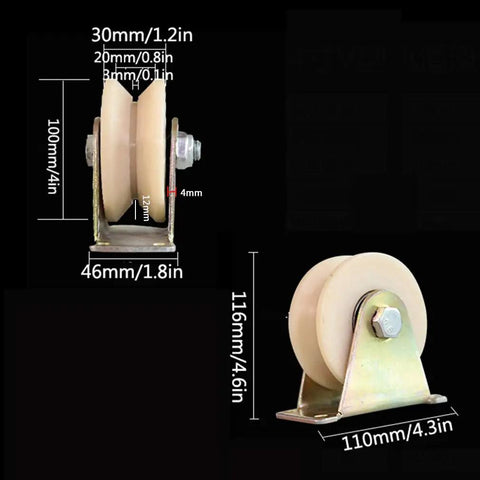 Two Piece Heavy Duty Nylon Sliding Door Roller Pulleys With Double Bearings And Reinforced Steel Brackets For V Groove Track Gates That Ride Like Butter And Have Zero Flex, side and front view with dimensions.