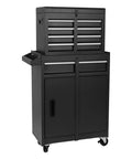 Heavy Duty Rolling Tool Chest With Double Doors And Five Deep Drawers Engineered For Garage Or Warehouse Grunt Work with black finish and wheels.