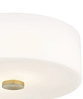 Close-up of Sophie 2 Light Flush Mount Ceiling Light in Aged Brass with white shade, durable metal construction visible.