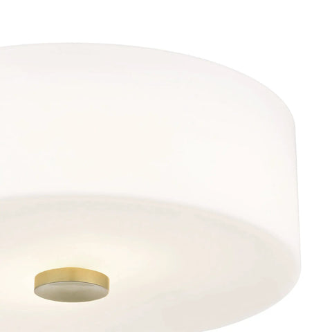 Close-up of Sophie 2 Light Flush Mount Ceiling Light in Aged Brass with white shade, durable metal construction visible.