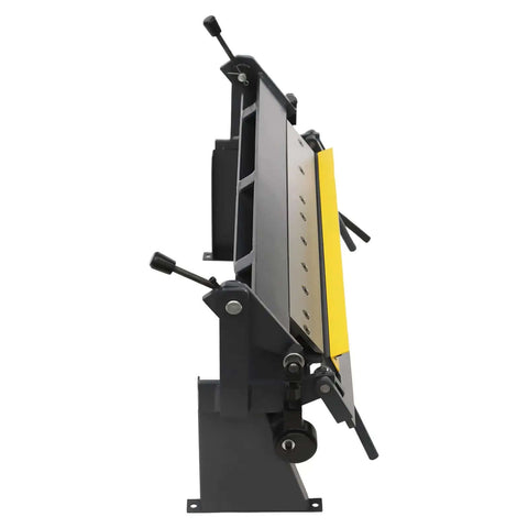 Side view of Built To Last Heavy Duty 24 Inch Sheet Metal Hand Brake With Five Removable Fingers For Precision Pan And Box Bends In 20 Gauge Mild Steel Industrial Grade W 2420A Precision Brake.