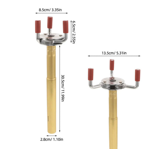 Dead Nuts Smoke Transducer Removal Tool For Ladder Free Sensor Disassembly And Ceiling Height Fire Alarm Building Maintenance With Heavy Duty Aluminum Claw Head, gold aluminum tool with red grips.