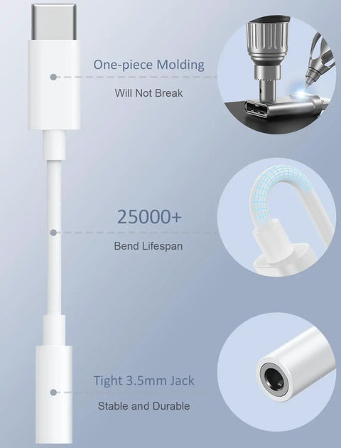 Premium Usb C To 3.5Mm Audio Adapter With Smart Dac Chip showing one-piece molding and tight 3.5mm jack for durability.