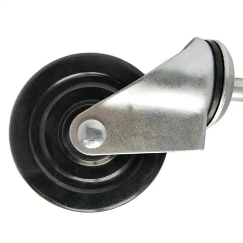 Heavy Gauge Four Inch Gate Roller Caster Wheel Featuring Flexible Spring Bracket System For Rock Solid Stability And Smooth Gliding Action On Rough Ground close-up of the wheel and bracket.