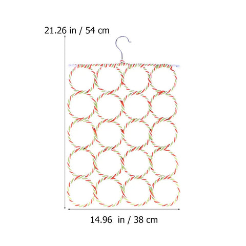 Foldable Paper Rattan Scarf Hanger Featuring 20 Rings And Sturdy Steel Hook Hangs From Door Or Closet Rod For Ties Belts And Towels Easy Setup For Your Drip And Sweet Space Saving Closet Vibe Upgrade showing dimensions.