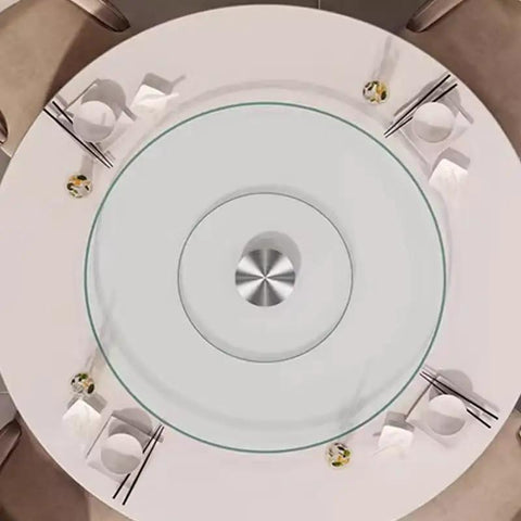 Twenty Seven Inch Tempered Glass Lazy Susan Round Kitchen Turntable Buttery Smooth Swivel Rotating Tray Clear Non Scratch Glide Heavy Duty Dining Setup on table.