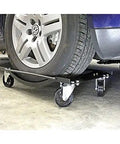 Premium Heavy Duty Wheel Dolly Set For Moving Car Or Trailer With Smooth Rolling Steel Casters Built For Rough Garage Grind Tasks That Are Absolutely No Sweat To Handle, supporting a car tire on steel frame.