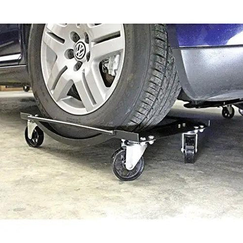 Premium Heavy Duty Wheel Dolly Set For Moving Car Or Trailer With Smooth Rolling Steel Casters Built For Rough Garage Grind Tasks That Are Absolutely No Sweat To Handle, supporting a car tire on steel frame.
