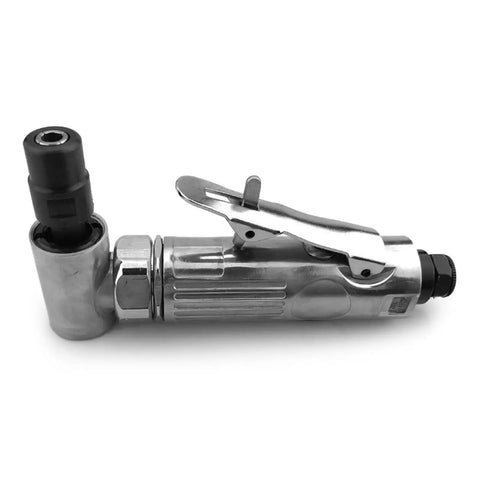 High Rpm Pneumatic Angled Grinder Tool Set With Swappable Collets Lightweight one-handed angled grinder with metal housing.