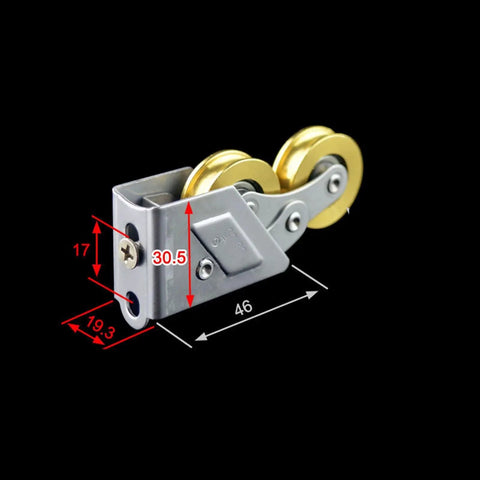 Top Shelf Heavy Duty Stainless Steel Sliding Door Pulley Kit Featuring Knockout Smooth Copper Rollers And Bulletproof Glide Action For Patio Doors And Window Tracks Exactly Two Pieces Ready, showcasing dimensions and design.