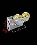 Rock Solid Heavy Weight Stainless Steel Sliding Door Rollers Double Wheel Design showing dimensions and detail of pulleys.