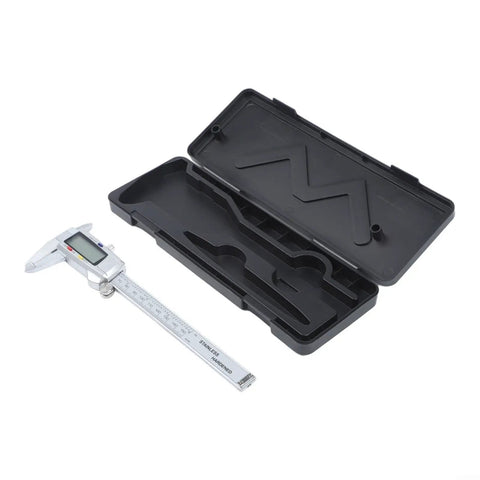 Digital Vernier Caliper with Large LCD Display lying next to its black plastic case, showing stainless steel design and measurement scale.