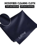 Front view of navy microfiber cleaning cloths stacked, 12x12 inches, LiHiap brand, 6-pack for glasses and screens.