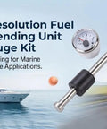 Eight Inch Stainless Steel Fuel And Water Level Gauge Kit With Multi Color Backlight Plug And Play Smooth Gauge Tracking For Boats Rvs And Trucks White Dial Silver Trim Rock Solid Dead Accurate 240 To 33 Ohm Range displayed with yacht and truck background.