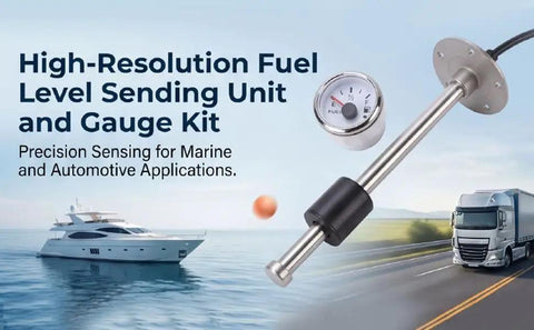 Eight Inch Stainless Steel Fuel And Water Level Gauge Kit With Multi Color Backlight Plug And Play Smooth Gauge Tracking For Boats Rvs And Trucks White Dial Silver Trim Rock Solid Dead Accurate 240 To 33 Ohm Range displayed with yacht and truck background.