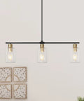 Three Light Linear Farmhouse Kitchen Island Lighting in Black and Gold Finish with Glass Shades, Modern Industrial Pendant