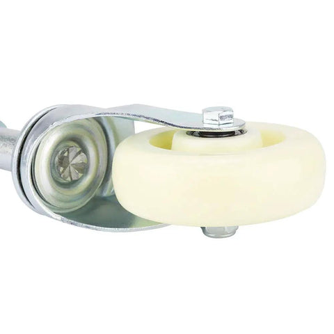 Four Inch Spring Loaded Gate Wheel With Heavy Duty Nylon Swivel Caster and Universal Mount detail view of nylon wheel and steel mount.