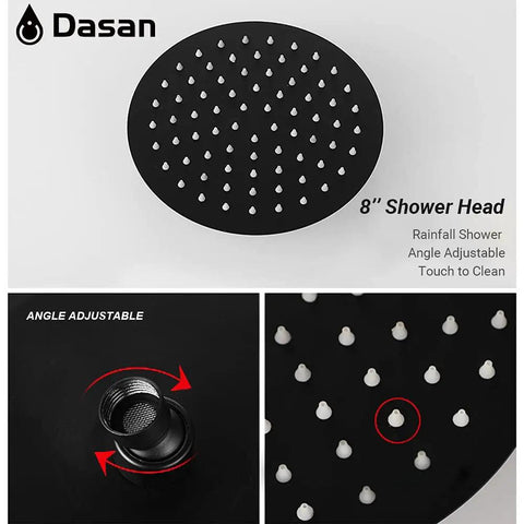 Outdoor Shower Fixture Set With 3 Function Matte Black Faucet 8 Inch Rainfall Shower Head displaying adjustable angle and nozzles