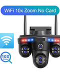 Prograde Wireless Security Camera With 35MP Resolution And 10X Optical Zoom Featuring Smart AI Human Detection close-up of camera with WiFi and zoom icons