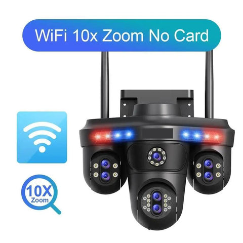 Prograde Wireless Security Camera With 35MP Resolution And 10X Optical Zoom Featuring Smart AI Human Detection close-up of camera with WiFi and zoom icons