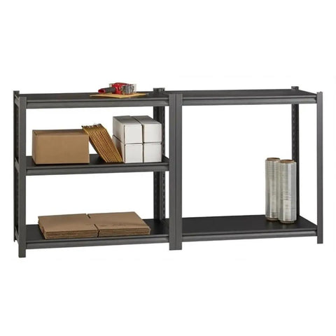 Bulletproof 3200 Lb Riveted Metal Shelving Unit 72 X 36 X 18 Inches with cardboard boxes and supplies, gunmetal gray finish.