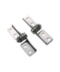 Damping hinge pair with adjustable torque pivot and free-stop positioning hardware, silver metal mounting brackets