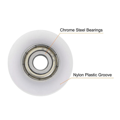 Close-up of 2Pcs Heavy Duty Deep U Groove Nylon Guide Roller Bearings With Smooth Glide Action and Dual Rubber Seals, detailing chrome steel and nylon.