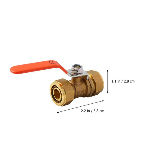 Heavy Duty Brass Ball Valve For Water Heater Inlet Pipe With Reliable Barb Hose Fitting Pain Free Install, side view with dimensions.