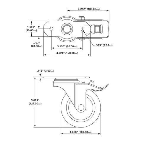 Rock Solid Heavy Duty 4 Inch Swivel Caster With Locking Brake For T Slot Aluminum Extrusions dimensions and specifications layout.