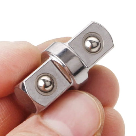 Chrome-plated 3/8-in drive double-ended socket adapter with square ends, close-up view