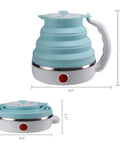 Foldable Travel Electric Kettle With Collapsible Food Grade Silicone 600ml Capacity Dual Voltage 110-220V US Plug Ultra Portable Blue Kettle For On The Go Coffee Tea Ramen And More shown in expanded and collapsed states.