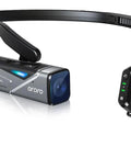 4K 60FPS Head Mounted Action Camera With 2 Axis Gimbal Stabilizer, WiFi App Control, remote, shown in gray with black headband.