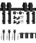 Heavy Duty Bypass Barn Door Hardware Kit With Smooth Sliding Track System And Slick J Shaped Roller Rails For Double Doors Matte Black Finish installation components.
