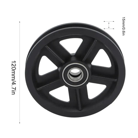 Heavy Duty Bad Boy Barn Door Hanging Rollers Featuring Dead Silent Bearings Premium Nylon Sliding Door Pulley Wheels 120mm wheel close-up view