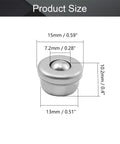 Rock Solid Stainless Steel Ball Transfer Bearing Drop In Unit For Slick Universal Rotation Heavy Duty Warehouse Cart Platforms And Top Shelf Conveyor Roller Tables showing dimensions 15mm, 7.2mm, 10.2mm, and 13mm.
