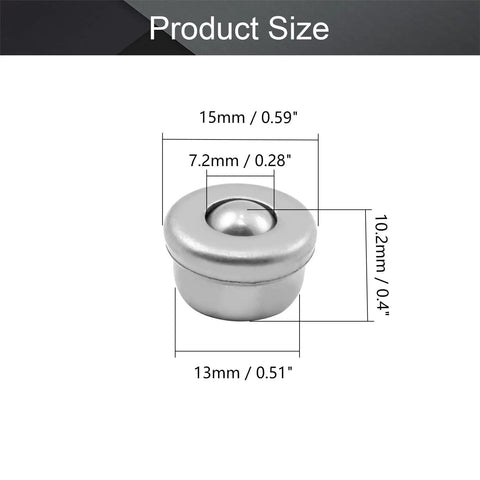 Rock Solid Stainless Steel Ball Transfer Bearing Drop In Unit For Slick Universal Rotation Heavy Duty Warehouse Cart Platforms And Top Shelf Conveyor Roller Tables showing dimensions 15mm, 7.2mm, 10.2mm, and 13mm.