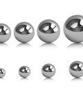 Top Shelf 40 Pieces Chrome Steel Bearing Balls 13mm G25 precision grade AISI52100 displayed in various sizes.