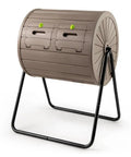 Dual Chamber Compost Tumbler 360 Degree Rotating Drum with Stirring Blades in Coffee Wood-Like Grain Finish for Outdoor Use