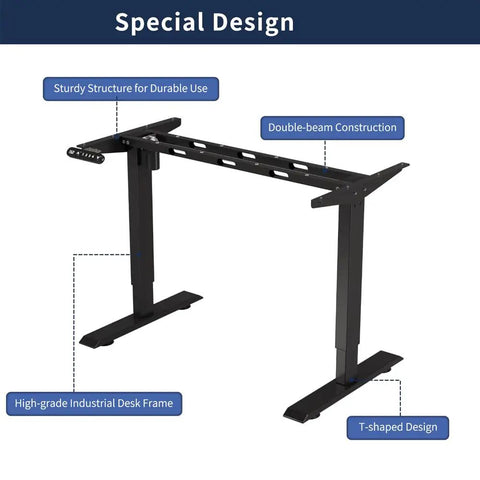 Rock Solid Electric Standing Desk With Dual Motor Lift System For Heavy Duty Home Office and Gaming Setup adjustable height frame with sturdy T-shaped design.