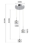 Led Dimmable Three Light Pendant Fixture With Dope Chrome Finish, dimensions displayed, modern chandelier for kitchen island.