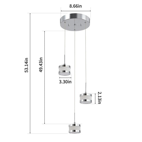 Led Dimmable Three Light Pendant Fixture With Dope Chrome Finish, dimensions displayed, modern chandelier for kitchen island.