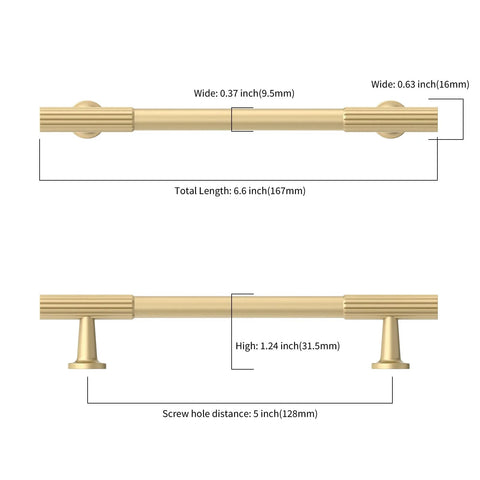 Diagram of 10 Pack 5 Inch Brushed Gold Cabinet Pulls For Kitchen Cabinets And Cupboards, showing dimensions and mounting holes.