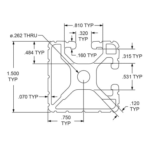 Drawing of Heavy Duty Aluminum Extrusion With Dual Open T Slots dimensions, showcasing its 1.5 inch profile for precision routing.