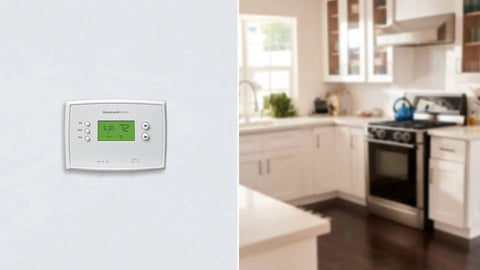 5 2 Day Programmable Thermostat With Easy Weekday Weekend Scheduling Precise Temperature Control To Within 1 Degree mounted on kitchen wall