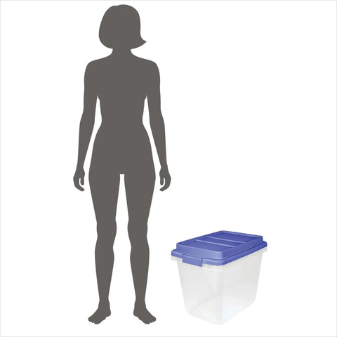 Kick Ass 32 Quart Clear Plastic Stackable Storage Bins With Blue Latching Lids next to a silhouette figure for size comparison.